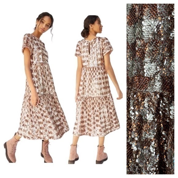 Anthropologie Dresses & Skirts - Anthropologie Maeve Rose Gold Sequins Bernadette Tiered Midi Dress Small